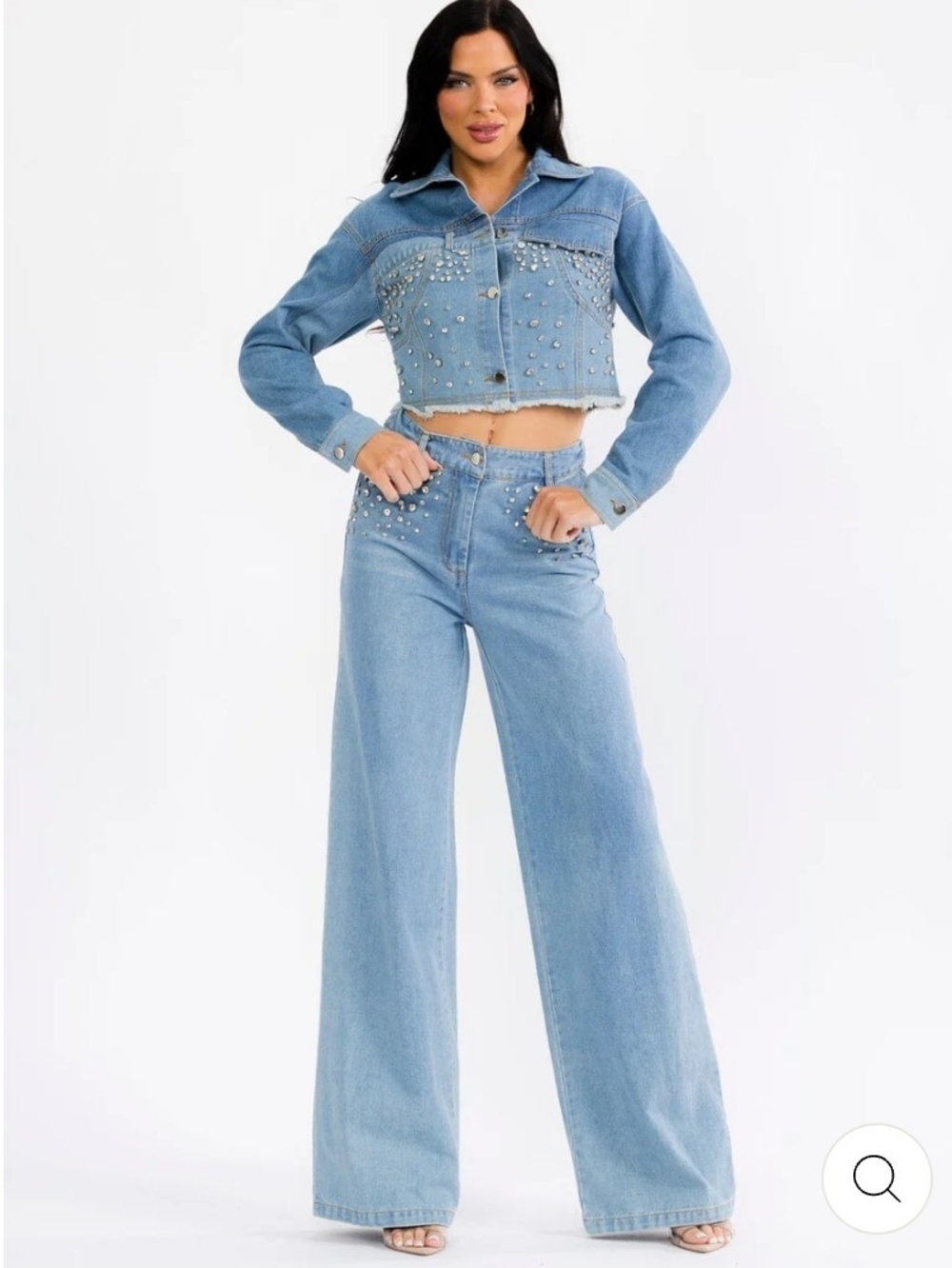 Cropped Studded Light Blue Wide-Leg Jeans Set